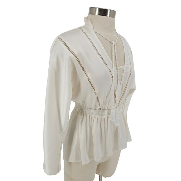 Express Peplum Blouse Satin Ivory Dolman Sleeve Tassel V Neck Top Shirt - Picture 2 of 8